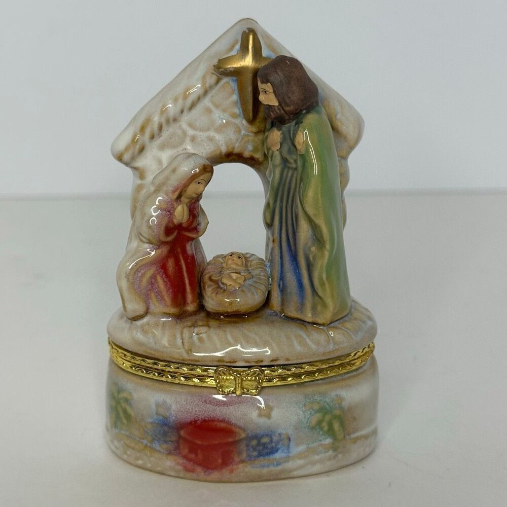 Hand Painted Porcelain Hinged Trinket Box Depicting Nativity Scene